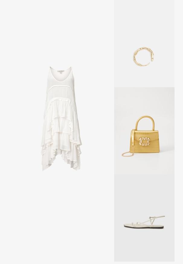 Bijela, bezrukavna haljina s višeslojnim volanima, koja ima zakrivljeni rub i mekan, lagan materijal za prozračan izgled.; Bež sandala na ravnom potplatu s više tankih trakica i podesivom kopčom. Potplat je ravan s blagim tamnim kontrastom na rubu.; Žuta torbica od umjetnog krokodila sa strukturiranim dizajnom, gornjom ručkom, odvojivim lančićem i dekorativnim kristalnim ukrasom na kopči.; Prsten u zlatnoj nijansi s organskim, uvijenim dizajnom, glatkom teksturom i suženim krajevima, koji stvara moderan, skulpturalni izgled.
