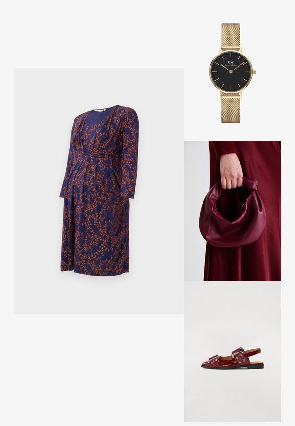 Těhotenské šaty v námořnické modré barvě s oranžovým květinovým vzorem, s dlouhými rukávy, nařaseným dekoltem a délka ke kolenům.; Burgundské lakované kožené boty na podpatku se špičatou špičkou, s dvěma nastavitelnými popruhy se sponami a stříbrnými akcenty.; Burgundská kožená kabelka s měkkým, nabíraným designem a zaobleným tvarem. Ucho je zajištěné a vykazuje hladkou texturu.; Zlaté hodinky s kovovým páskem a kulatým černým ciferníkem, minimalistické indexy a stříbrná korunka; logo se nachází na pozici 12 hodin.