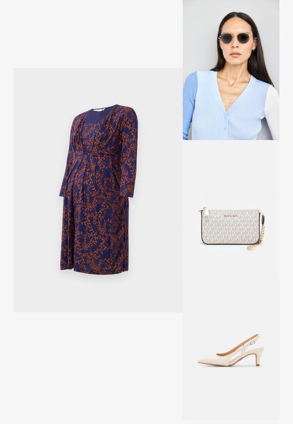Haljina za trudnoću od tamnoplavog materijala s narančastim cvjetnim uzorkom, sa dugim rukavima, nabranym poprsjem i dužinom do koljena.; Bijela slingback peta s oštrim vrhom, glatkim gornjim materijalom, niskom blok peta te dizajnom s bočnim izrezom i podešivom kopčom.; Ok Runde sunčane naočale s tamnim staklima i zlatnim okvirom. Model nosi svijetloplavi rebrasti kardigan s gumbima i kontrastnim bijelim rukavima.; Michael Kors novčanik na zapešću u bež premazanoj tkanini s ponavljajućim uzorkom MK loga, zlatnim hardverom i odvojivim lancem za nošenje.