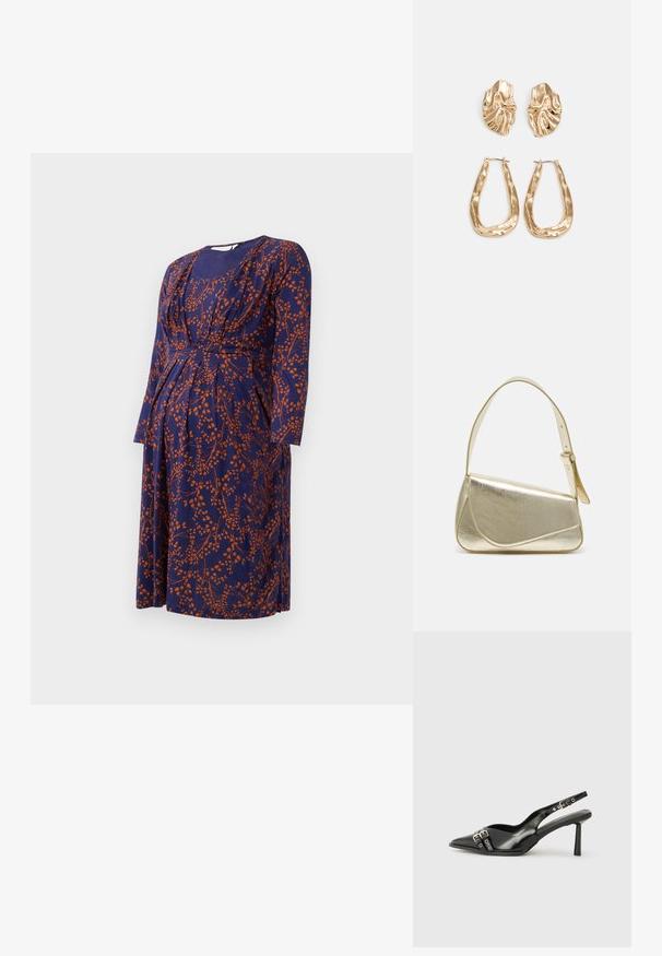Maternity dress in navy fabric with orange floral pattern, featuring long sleeves, a gathered bust, and a knee-length hem.; Black patent leather slingback shoe with pointed toe, ankle straps featuring silver buckles and hardware, and a slender heel.; Gold metallic handbag with a structured design, smooth texture, and adjustable strap. Features a unique triangular shape and minimalist stitching.; Gold-tone earrings featuring textured, wavy shapes. Includes sculptural clip-on studs and open hoop design with a hammered finish.