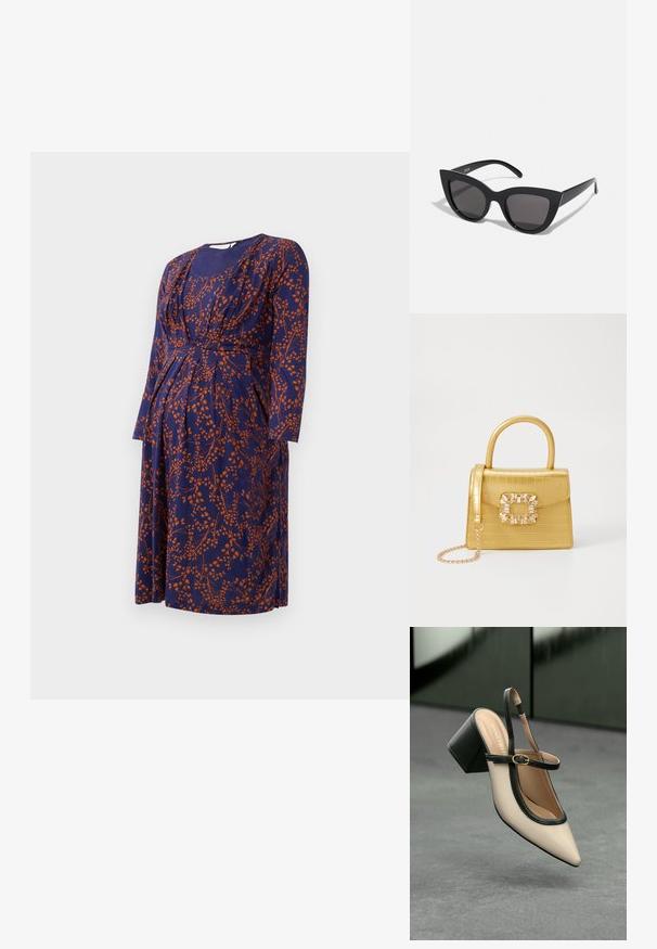Haljina za trudnoću od tamnoplavog materijala s narančastim cvjetnim uzorkom, sa dugim rukavima, nabranym poprsjem i dužinom do koljena.; Bež cipele s otvorenom petom i šiljastim vrhom, crnim obrubom, zlatnom kopčom i debelim blok-petom na sivom podu s tamnozelenom pozadinom.; Crne mačkaste sunčane naočale s mat završnom obradom, sivo obojeni leće, oštri kutovi i elegantne bočne ručke. Ime brenda vidljivo na unutrašnjoj strani ručke.; Žuta torbica od umjetnog krokodila sa strukturiranim dizajnom, gornjom ručkom, odvojivim lančićem i dekorativnim kristalnim ukrasom na kopči.