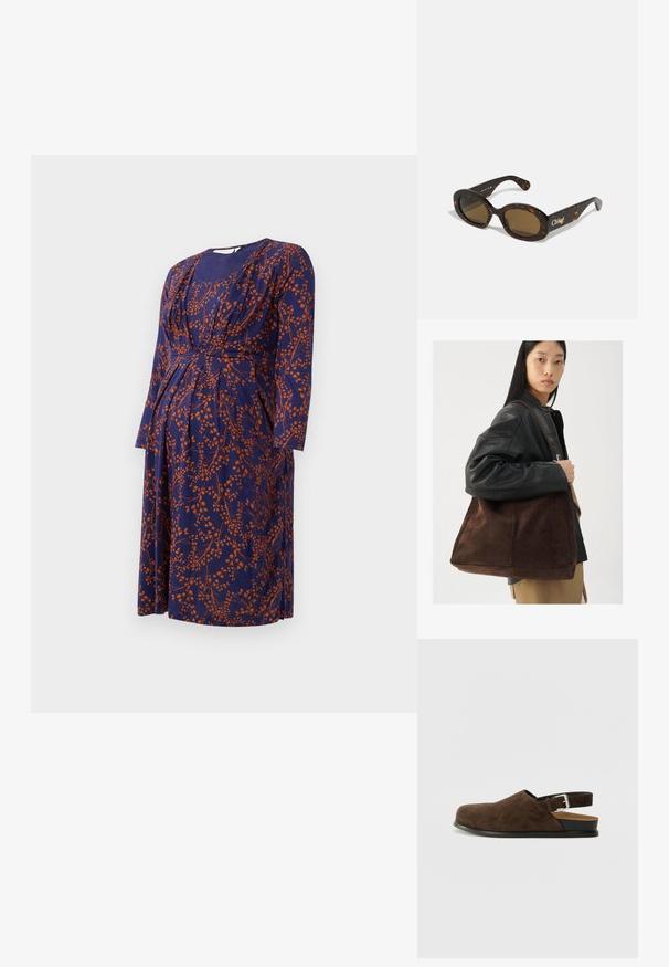 Sukienka ciążowa w granatowym kolorze z pomarańczowym kwiatowym wzorem, z długimi rękawami, marszczonym biustem i długością do kolan.; Brązowy zamszowy but wsuwany z niskim obcasem, regulowanym paskiem z srebrną klamrą i czarną gumową podeszwą.; Okulary przeciwsłoneczne w kolorze żółwiej skorupy z owalnymi ramkami, brązowymi szkłami i logo "Chloé" na zauszniku. Gładki plastikowy materiał z błyszczące wykończenie.; Brązowa zamszowa torba typu tote o szerokim kształcie i miękkiej teksturze, z pojedynczym uchwytem i minimalnym wykończeniem na neutralnym tle.