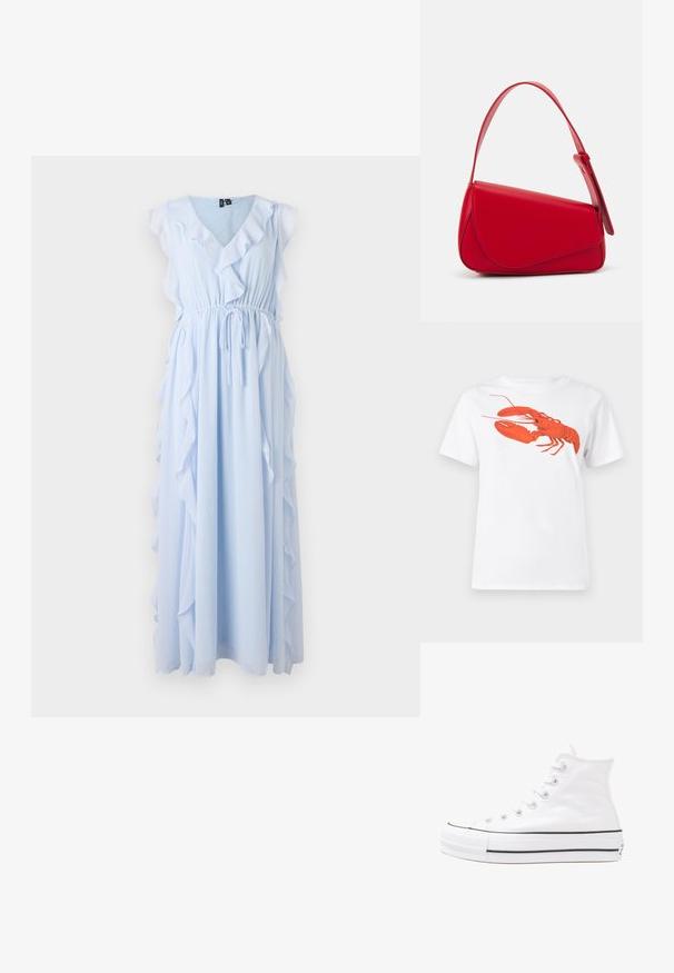 Vestido maxi azul claro feito de tecido leve, com detalhes em babados ao longo do decote e nas laterais, possuindo uma cintura elástica.; Camiseta de algodão branca com um grande gráfico de lagosta vermelha brilhante na frente. Mangas curtas e design de gola redonda padrão.; Sapatilha alta de tela branca com sola de borracha preta, bico de borracha na frente e seis ilhós para os atacadores, apresentando um design limpo e minimalista.; Bolsa de mão em couro vermelho com um design angular e geométrico. Apresenta uma única alça ajustável e um fecho com aba, com detalhes cosidos.