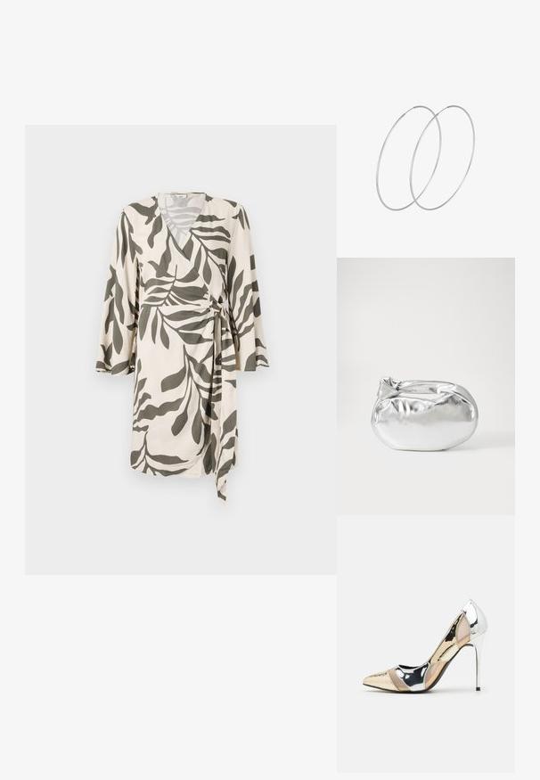 Ľahké obliekanie vo voľnom strihu v krémovej farbe s olivovozeleným nápevom listov, s trojštvrťovými rukávmi a opaskom na páse pre nastavenie veľkosti.; Lodičky s špičatou špičkou v striebornom, zlatom a telovom farebnom prevedení. Lesklý povrch s výrezovým dizajnom, s ihlovým opätkom.; Strieborná metalická taška s mäkkým, zaobleným tvarom a uzáverom s uzlíkom. Vyrobená z hladkej syntetickej kože.; Strieborné kruhové náušnice s minimalistickým dizajnom. Cirkulárny tvar, hladký povrch a tenký profil. Ľahké s lesklým povrchom.