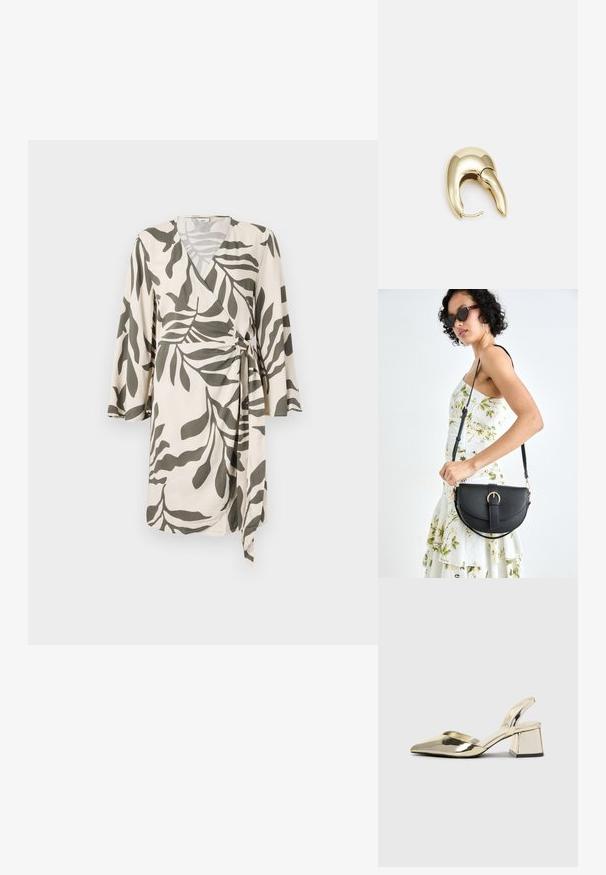 Lengvas įvyniojamas suknelė kremine spalva su alyvuogių žalia lapų raštu, turinti trijų ketvirčių rankoves ir juosmeninį raištį, leidžiantį reguliuoti dydį.; Auksiniai, metaliniai slingback aukštakulniai bateliai su smailiu pirštu ir masyviu kulnu. Lygus paviršius, minimalizmo dizainas ir siaura juostelė.; Juodas odinis krepšys su išlenkta forma, nuimamu dirželiu ir auksiniais detalėmis. Krepšys turi kilpą su sagtimi.; Aukso tono metalinės auskarai su stilingu, kreiviu dizainu. Išsiskiria ryškiu smailiu pavidalu, poliruota paviršiumi ir užsegimu su vyriu.