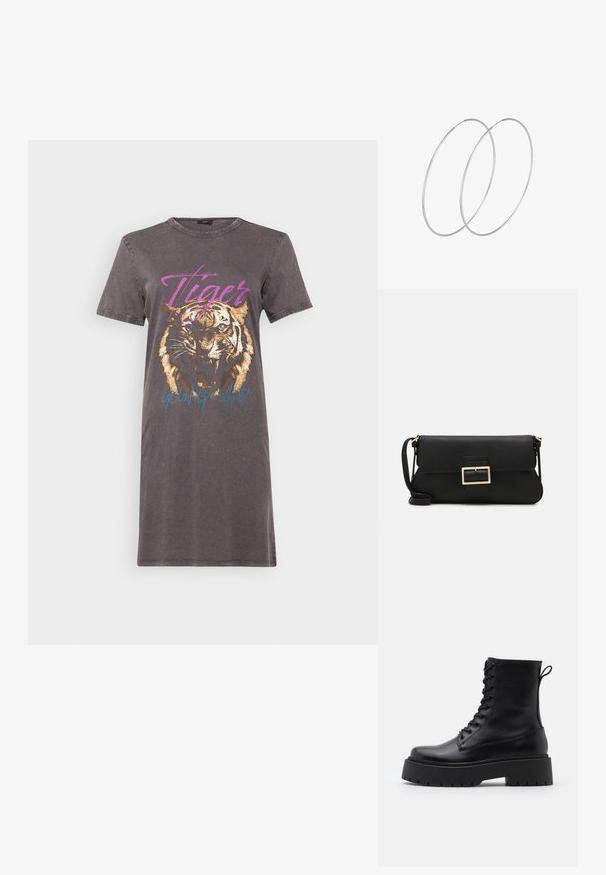 Šedé tričko šaty s grafikou tigra, metalickým zlatým a modrým textom, okružným výstrihom a krátkymi rukávmi so slabými poškodenými okrajmi.; Čierne kožené členkové topánky s okrúhlou špičkou, šnurovaním vpredu a hrubou gumovou podrážkou s textúrovaným vzorom. Sťahovací pútko na zadnej strane.; Čierna kožená clutch taška s klopou a zlatým kovovým detailom s prackou. Obsahuje čierny remienok a elegantný, minimalistický dizajn.; Strieborné kruhové náušnice s minimalistickým dizajnom. Cirkulárny tvar, hladký povrch a tenký profil. Ľahké s lesklým povrchom.