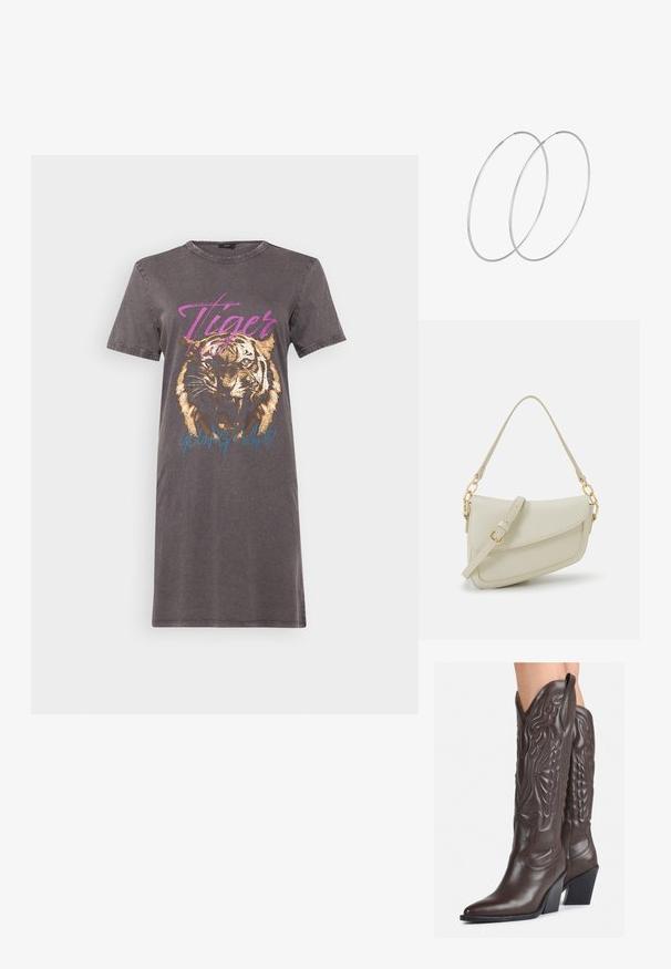 Siva majica obleka z grafiko tigra, metalno zlato in modro besedilo, okrogla izrezana ovratnica in kratki rokavi z rahlo obrabljenimi robovi.; Rjave usnjene kavbojske čevlje z ostrim nosom in blok peto, ki vsebujejo podrobno šivanje in dvignjene dodatke na zgornjem delu.; Mala kremna torbica z teksturiranim zaključkom, dolgim nastavljivim trakom, verižnim poudarkom in zapiranjem na poklop. Detajli iz zlatega kovinskega materiala.; Srebrne uhane v obliki obroča z minimalističnim dizajnom. Krožna oblika, gladka tekstura in tanek profil. Lahki s poliranim zaključkom.