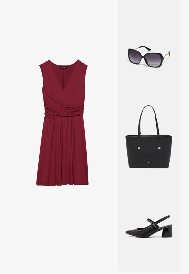 Burgundska brezrokavnik obleka s preklopnim dizajnom, zbranim pasom in mehkimi, drapečimi materiali, ki sega do dolžine kolen.; Črne patentne usnjene salonarce s slingback obliko, s koničastim nosom, zaobljenim izrezom in blok peto. Imajo zlato kovinsko zaponko kot dodatno okrasje.; Črne prevelike sončne očala z degradacijskimi lečami, debelimi okvirji in zlatimi verižicami na ročajih.; Črna torba iz sintetičnega materiala, preproste pravokotne oblike, z zlatimi kvadratnimi detajli in dvojnih ročajem.