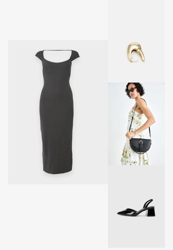 Vestido negro de punto acanalado con escote cuadrado y mangas cortas tipo capa. El diseño es ajustado y llega hasta los tobillos.; Zapatos de tacón slingback de charol negro con punta afilada y tacón geométrico en bloque. Presentan un diseño elegante y minimalista, así como una textura suave.; Bolso de piel negra con forma curva, correa desmontable y herrajes dorados. El bolso cuenta con una solapa con un detalle de hebilla.; Pendiente de metal en tono dorado con un diseño elegante y curvado. Presenta una forma puntiaguda distintiva, superficie pulida y cierre de bisagra.