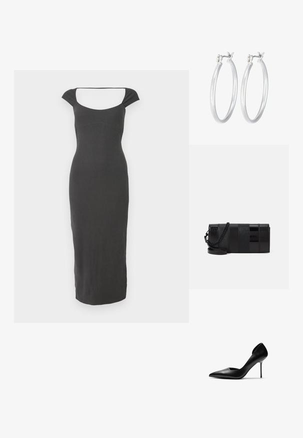 Mustat ribattuja neulemekko, jossa on neliönmuotoinen pääntie ja lyhyet hihattomat hihat. Suunnittelu on vartalonmyötäinen ja ulottuu nilkkoihin.; Mustat nahkaiset stiletto-korkokengät, joissa on terävä kärki ja leikattuja sivuja. Sileä pinta ja korkea, hoikka korko luovat elegantin siluetin.; Musta asuste laukku, jossa on kiiltävien ja teksturoitujen paneelien yhdistelmä ja ketjusanka. Suorakulmainen muoto, jossa on sileä pinta ja hienovaraisia yksityiskohtia.; Hope-silver rengas, joissa on sileä ja kiillotettu pinta. Pyöreä muoto ja turvallinen napsautettava lukitus. Kevyt muotoilu sopii päivittäiseen käyttöön.