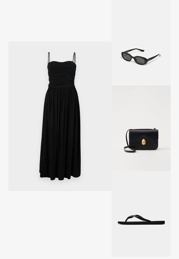 Černé maxi šaty s přiléhavým korzetem, řasenou texturou a tenkými ramínky. Volná sukně sahá až na zem a je vyrobena z jemné, lehké tkaniny.; Černé gumové žabky s texturovaným páskem a jednoduchou plochou podrážkou, zobrazené z boku na světlém pozadí.; Černé sluneční brýle s oválnými objektivy, lesklý plastový rám a štíhlé nožičky. Na boku se nachází bílé logo Ray-Ban.; Černá kožená kabelka se strukturovaným obdélníkovým tvarem. Obsahuje zlatou oválnou sponu a tenký ramenní popruh. Hladký povrch.