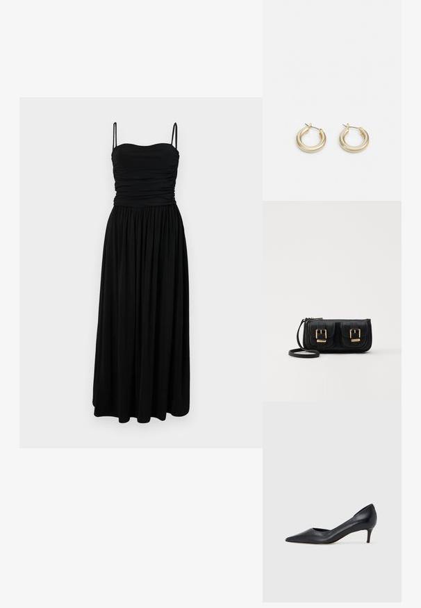 Schwarzes Maxikleid mit tailliertem Oberteil, geraffter Textur und dünnen Trägern. Der fließende Rock reicht bis zum Boden und besteht aus weichem, leichtem Stoff.; Schwarzer Pumps aus Leder mit spitzer Zehenpartie und niedrigem Absatz. Verfügt über eine glatte Textur und dezenten Glanz. Vordere Öffnung für ein zusätzliches Detail.; Schwarze Leder-Umhängetasche mit zwei vorderen Taschen, goldenen Schnallen, Reißverschluss und einem schmalen Tragegurt. Texturierte Oberfläche und kompakte rechteckige Form.; Lauren Ralph Lauren BASIC SMALL HOOP - Ohrringe - gold-coloured