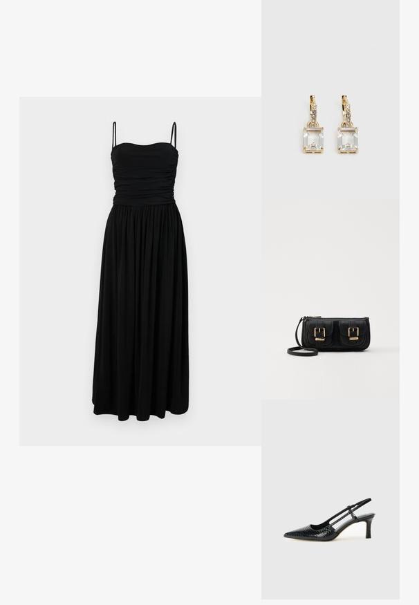 Melnā maxi kleita ar pieguļošu augšdaļu, rievotas tekstūras un plānām lencēm. Plūstošs svārki sasniedz grīdu, izgatavota no mīksta, viegla auduma.; Melna patent āda ar slīdošo papēdi un smailo purngalu, ar teksturētu čūsku drukājumu, regulējamu siksniņu un īsu teksturētu blokpapēdi.; Melnas ādas crossbody soma ar divām priekšējām kabatām, zelta sprādzēm, ar rāvējslēdzēju aizdari un šauru siksnu. Strukturēta virsma un kompakta taisnstūra forma.; Zeltītas auskaru rotas, kuru centrā ir taisnstūra formas caurspīdīgs kristāls, kas karājas zem mazu, apaļu caurspīdīgu akcentu rindas. Elegants, mūsdienīgs dizains.