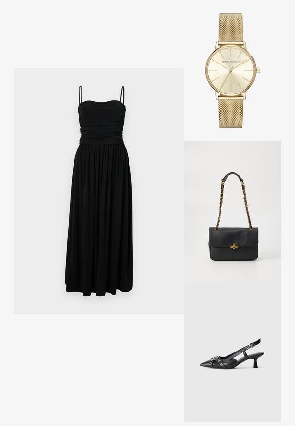 Sort maxi kjole med tætsiddende overdel, rynket tekstur og tynde stropper. Den flydende nederdel strækker sig til gulvet og er lavet af blødt, letvægtigt stof.; Sort lædersandal med spids tå, dekorative stropper med metaløjer og en lav blokhæl. Struktureret overflade.; Sort læderhåndtaske med en fold-over klaff, guldfarvet kædestrop og logo hardwaredetalje på forsiden. Glat tekstur.; Gul rustfrit stål ur med mesh-rem. Rund urskive med børstet gul skive, time markører og krystal accenter.