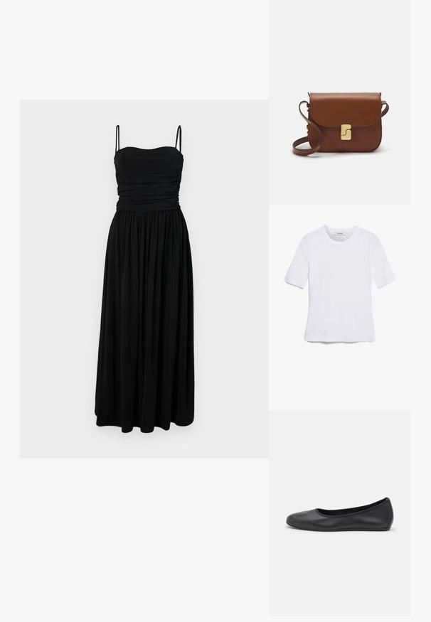 Crna maxi haljina s uskim korzetom, naboranom teksturom i tankim trakama. Lepršava suknja seže do poda, izrađena od mekog, laganog materijala.; Bijela majica s kratkim rukavima izrađena od rebraste tkanine. Okrugli izrez, klasičan kroj i suptilni detalji šivanja. Bez uzoraka ili grafika.; Crne kožne baletanke s zaobljenim vrhom, glatke teksture, minimalnim detaljima šavova i fleksibilnim dizajnom potplata.; Smeđa kožna torba s preklopom, zlatnim detaljima, remenom za nošenje preko ramena i glatkom teksturom. Kompaktni pravokutni oblik.