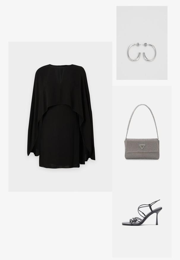 Top preto, leve, com um design solto e em camadas. Apresenta um decote redondo, mangas longas e um detalhe de costas abertas. Textura suave.; As sandálias de salto alto pretas apresentam tiras finas com um design em nó, uma biqueira quadrada lisa e um elegante salto agulha.; Bolsa metálica cinza claro com uma alça de corrente, adornada com pequenos rebites metálicos circulares e um logótipo triangular da marca.; Brincos de argola prateados com um acabamento suave e brilhante. Forma arredondada, design leve, com fecho de pino.