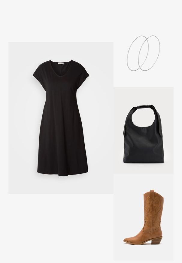 Crna haljina s kratkim rukavima i V-izrezom. Izrađena od mekog, laganog materijala. A-linijski kroj koji pada malo iznad koljena. Bez uzoraka ili akcenata.; Smeđe kožne kaubojke s oštrim nosom, izvezenim spiralnim uzorcima na gornjem dijelu i blok petom. Imaju potporu za lakše obuvanje.; Crna kožna torba s velikim otvorom na vrhu i jednom naramenicom. Mekani tekstura, minimalistički dizajn, s diskretnim metalnim detaljima.; Srebrne okrugle naušnice s minimalističkim dizajnom. Kružni oblik, glatka tekstura i tanak profil. Lagane s poliranim završetkom.