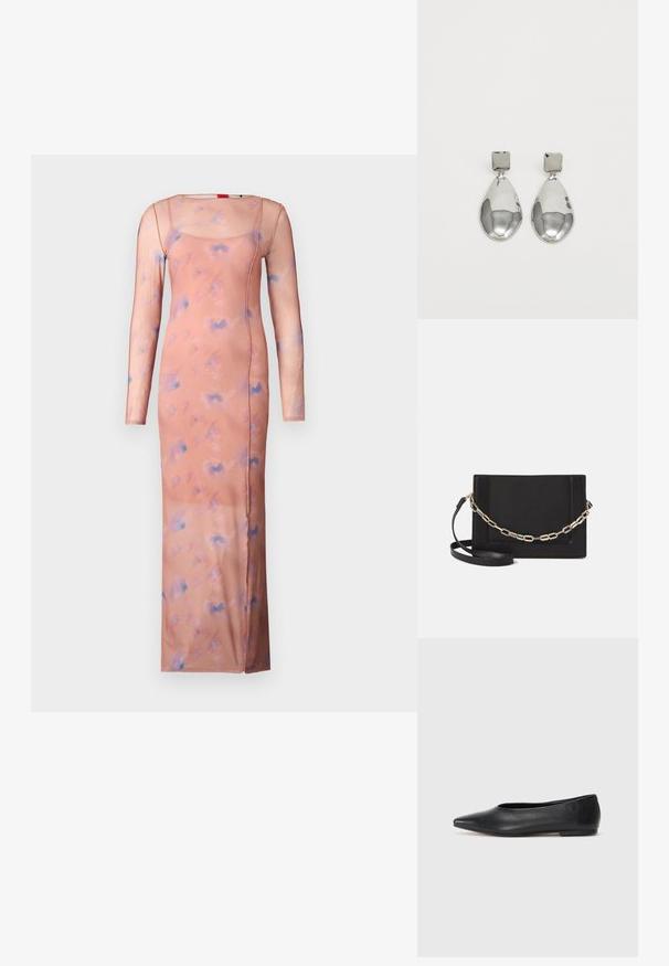 Long, fitted dress made of soft, sheer fabric in a peach color, adorned with a subtle blue abstract pattern, featuring long sleeves and a square neckline.; Black leather ballet flat, pointed toe, minimalistic design, smooth texture, low-profile heel, no visible hardware or embellishments.; Black leather crossbody bag featuring a smooth texture, rectangular shape, and a metallic chain detail on the front. Adjustable strap included.; Silver drop earrings with a square stud, featuring a smooth, polished finish and a teardrop shape, reflecting light with a glossy surface.