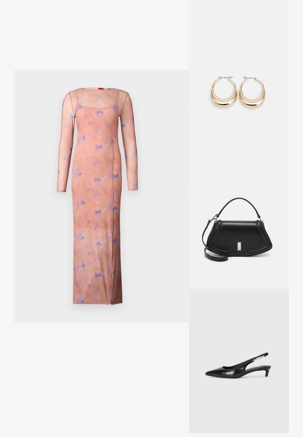 Langes, bodenlanges Kleid aus weichem, durchscheinendem Stoff in Pfirsichfarbe, verziert mit einem subtilen blauen abstrakten Muster, mit langen Ärmeln und einem quadratischen Ausschnitt.; Schwarze Leder-Slingback-Pumps mit spitzem Schuhblatt, ausgestattet mit einem schlanken Absatz und einem goldfarbigen Akzent am verstellbaren Riemen. Glatte Textur.; Schwarze Lederhandtasche mit einem strukturierten Design, das eine verkürzte Form, einen oberen Griff und goldfarbene Hardware-Details aufweist. Verstellbarer Schulterriemen ist enthalten.; Goldfarbene Creolen mit einer Halbmondform, polierter Oberfläche und Scharnierverschluss. Die glatte Textur und der reflektierende Finish verbessern die Sichtbarkeit.