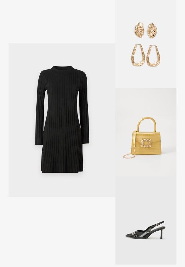 Vestido de malha canelada preto com mangas longas, decote alto e uma silhueta ligeiramente em A, apresentando riscas verticais por todo o vestido.; Sapato slingback preto em pele patentada com bico apontado, tiras no tornozelo apresentando fivelas e acessórios prateados, e um salto elegante.; Bolsa amarela em pele de crocodilo falsa, com um design estruturado, pega no topo, alça de corrente removível e decoração de cristal no fecho.; Brincos em tom de ouro com formas onduladas e texturizadas. Inclui studs escultóricos com presilha e um design de argola aberta com um acabamento martelado.