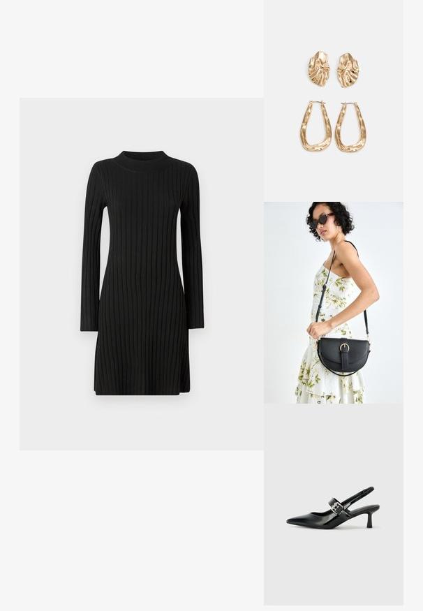 Vestido de malha canelada preto com mangas longas, decote alto e uma silhueta ligeiramente em A, apresentando riscas verticais por todo o vestido.; Saltos slingback em verniz preto com bico pontiagudo e um pequeno salto bloco, apresentando um detalhe de fivela prateada na tira.; Bolsa de couro preta com forma curva, alça destacável e detalhes em dourado. A bolsa possui uma aba com detalhe de fivela.; Brincos em tom de ouro com formas onduladas e texturizadas. Inclui studs escultóricos com presilha e um design de argola aberta com um acabamento martelado.