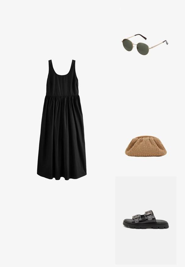 Next SUMMER - REGULAR FIT - Maxiklänning - black; Svarta sandaler med två breda remmar som har dekorativa nitar och detaljerade spännen, placerade på en robust, texturerad gummisula.; Runda solglasögon med metalliska guldramar och mörkgröna linser. Bågarna har en sköldpaddsmönstrad design för extra detalj.; Virkat beige kuvertväska med en rynkad design och rund form, som har en texturerad tygfinish och mjukt övre öppning.