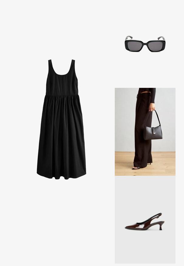 Next SUMMER - REGULAR FIT - Maksimekko - black; Ruske patentin nahkalijatke sa špicastim nosom i umjerenom petom. Sadrže remen s kopčom za sigurno pristajanje. Glatka tekstura.; Mustat suorakulmaiset aurinkolasit tummilla linsseillä, sileä muovikehys ja kaarevat templet. Suunnittelu on jykevä ja minimalistinen.; Musta käsilaukku, jossa on rakenteellinen muoto, sileä pinta ja metallinen solki. Yhdistetty leveisiin mustiin housuihin ja avonaiheisiin sandaaleihin puulattialla.