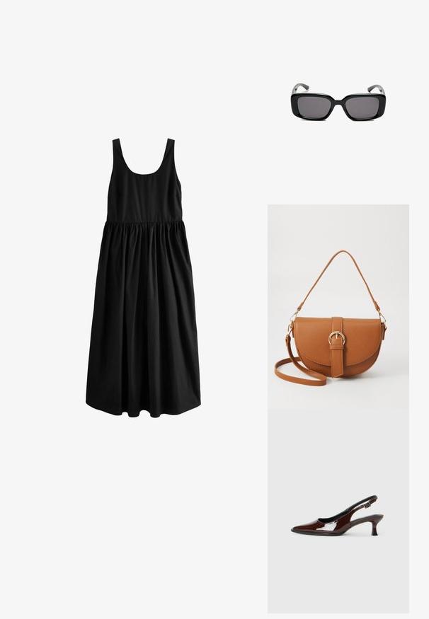 Next REGULAR FIT czarny; Brązowe lakierowane skórzane buty na obcasie typu slingback z ostrym noskiem i umiarkowanym obcasem. Posiadają pasek z klamrą dla zapewnienia stabilnego dopasowania. Gładka tekstura.; Czarne prostokątne okulary przeciwsłoneczne z ciemnymi soczewkami, gładką plastikową ramką i wygiętymi zausznikami. Projekt jest masywny, o minimalistycznej estetyce.; Brązowa skórzana torba na ramię o zaokrąglonym kształcie, ze złotymi akcentami i zapięciem w formie klamry. Posiada odpinany pasek na ramię.