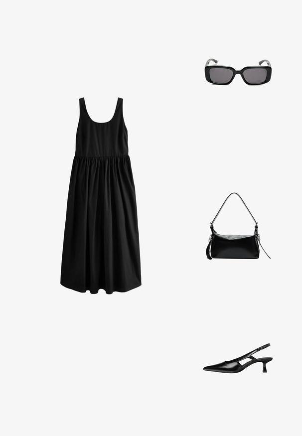 Next SUMMER - REGULAR FIT - Maxikleid - black; Schwarze Lackleder-Slingback-High Heels mit spitzer Zehenform, ausgeschnittenem Seitendesign und kleinem Blockabsatz. Glatte Textur mit minimalen Akzenten.; Schwarze rechteckige Sonnenbrille mit dunklen Gläsern, glattem Kunststoffrahmen und gebogenen Bügeln. Das Design ist klobig mit einer minimalistischen Ästhetik.; Schwarze Ledertasche mit einem gewölbten Schultergurt, glatter Textur, rechteckiger Form, Reißverschluss und Akzenten aus silbernem Metall.