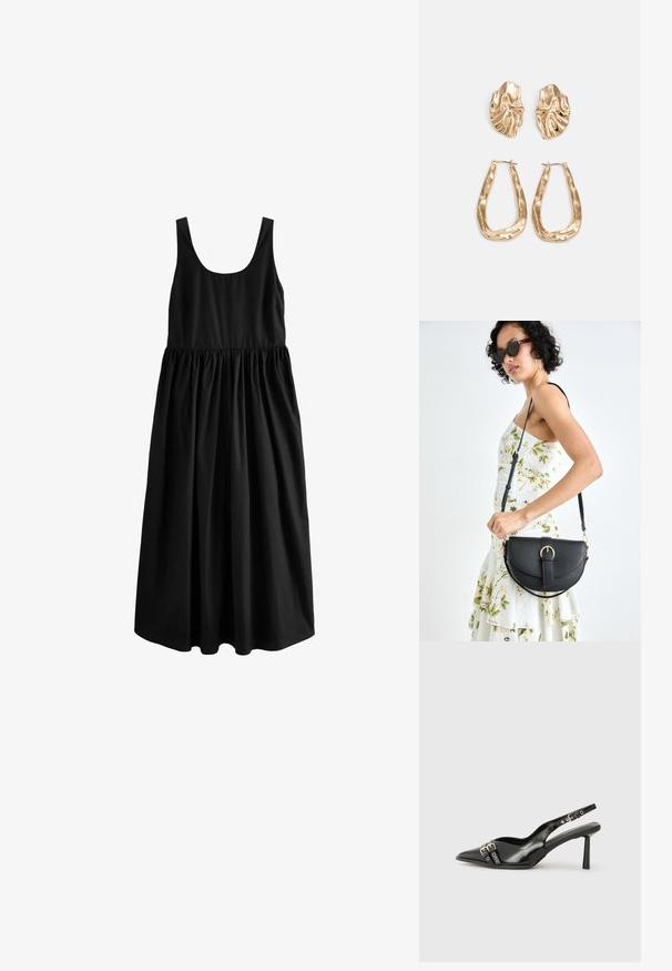 Next SUMMER - REGULAR FIT - Robe longue - black; Chaussure slingback en cuir verni noir avec un embout pointu, des brides de cheville avec des boucles en argent et des éléments en métal, et un talon fin.; Sac à main en cuir noir avec une forme courbée, bandoulière amovible et des accessoires en or. Le sac est doté d'un rabat avec un détail de boucle.; Boucles d'oreilles dorées présentant des formes texturées et ondulées. Comprend des clips sculpturaux et un design de créoles ouvertes avec une finition martelée.