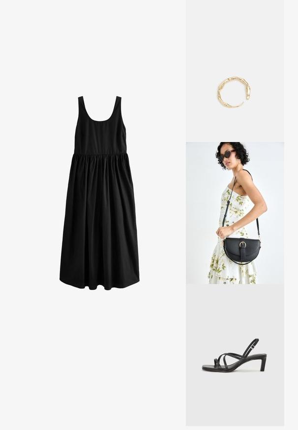 Next SUMMER - REGULAR FIT - Vestito lungo - black; Sandalo nero con cinturini, dalla punta squadrata e tacco basso a blocco. Presenta diversi cinturini sottili e una cinturini regolabile alla caviglia. Realizzato in pelle liscia.; Borsa a tracolla nera in pelle con una forma curva, manico rimovibile e accessori dorati. La borsa presenta una patta con un dettaglio a fibbia.; Anello in tono oro con un design organico e Twisted, caratterizzato da una superficie liscia e punte affusolate, che crea un aspetto moderno e scultoreo.