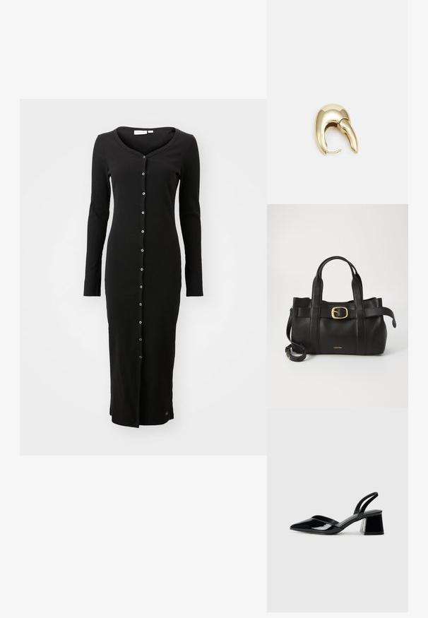 Juoda ilgaa rankovėmis suknelė, pagaminta iš šonkaulinio audinio, su V formos iškirpte ir priekiu užsegama sidabro spalvos mygtukais. Papuošta apatine krašte.; Juodos lakuotos odinės šlepetės su smailiu pirštu ir geometriniu bloko kulnu. Turi elegantišką, minimalistinį dizainą ir lygų paviršių.; Juodas odinis rankinės maišas su struktūrizuotu dizainu, dviem viršutinėmis rankenomis, auksinės spalvos sagtimi ir iškilniu prekės ženklu priekyje.; Aukso tono metalinės auskarai su stilingu, kreiviu dizainu. Išsiskiria ryškiu smailiu pavidalu, poliruota paviršiumi ir užsegimu su vyriu.