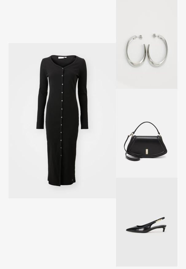Czarna sukienka z długim rękawem, wykonana z prążkowanej tkaniny, z dekoltem w kształcie litery V i zapięciem na guziki z przodu z srebrnymi guzikami. Akcentowana na dolnym brzegu.; Czarne skórzane szpilki typu slingback z ostrym noskiem, posiadające smukły obcas i złoty akcent na regulowanym pasku. Gładka tekstura.; Czarna skórzana torebka o strukturalnym designie, z przyciętą formą, górnym uchwytem i złotymi akcentami. W zestawie regulowany pasek na ramię.; Srebrne kolczyki-hoop o gładkim, zakrzywionym designie. Posiadają błyszczące metaliczne wykończenie i zapięcie na sztyft. Brak widocznych wzorów lub akcentów.