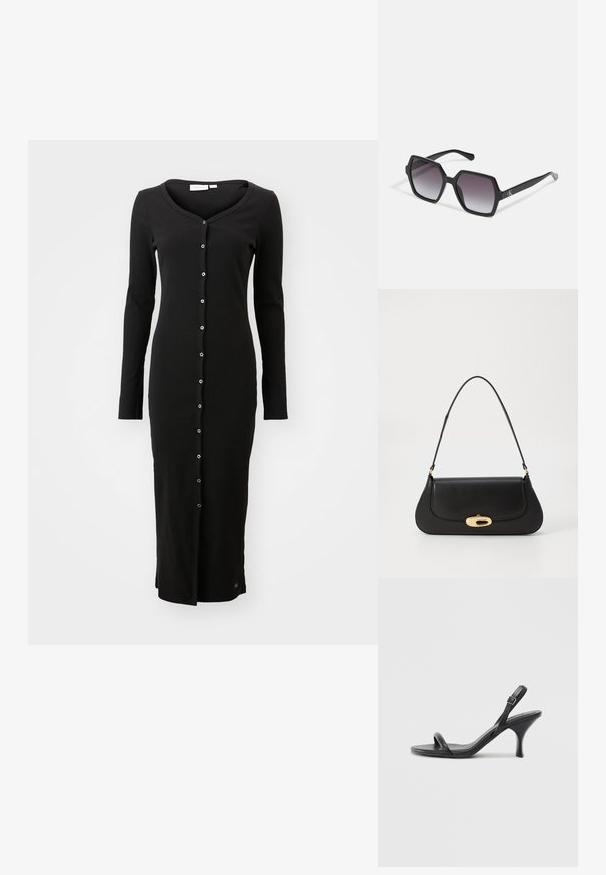 Fekete, hosszú ujjú ruha bordázott anyagból, V-nyakkal és elöl gombos záródással, ezüst gombokkal. A szegélye kiemelt.; Fekete bőrből készült, magassarkú szandál, vékony, ívelt sarokkal és keresztben átkötött pántokkal. Állítható bokapánt. Sima felület.; Fekete, hatszögletű napszemüveg, fokozatosan sötétedő lencsékkel, fényes felülettel és diszkrét logóval a szárán. Tartós műanyagból készült.; Fekete bőr táska ívelt kialakítással, arany színű fémrészletekkel és felső fogantyúval. Csúszásmentes záródás és sima textúra jellemzi.
