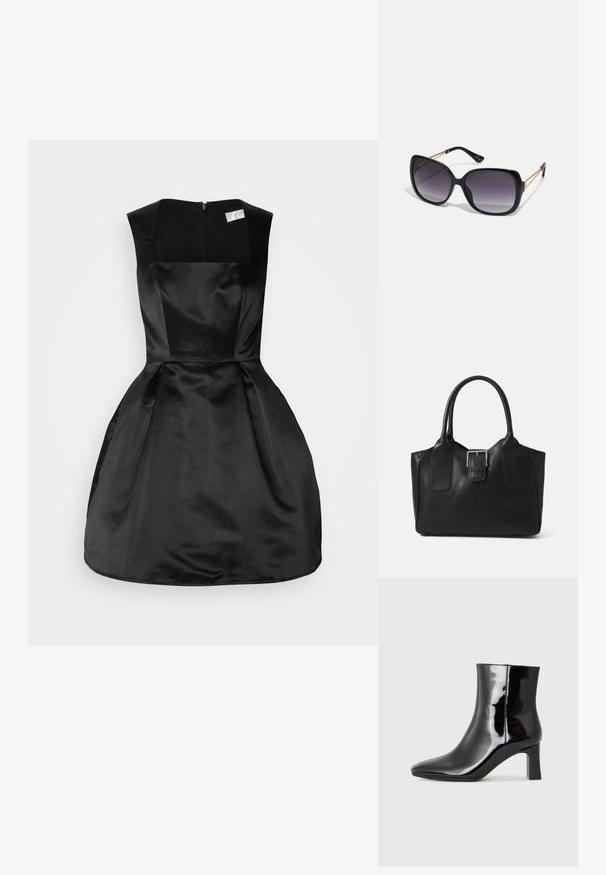 Μαύρο σατέν φόρεμα με τετράγωνη λαιμόκοψη, χωρίς μανίκια, προσαρμοσμένο μπούστο και φουσκωτό φούστα, που διαθέτει κλείσιμο με φερμουάρ στο πίσω μέρος.; Μαύρη πατενταρισμένη δερμάτινη μπότες αστραγάλου με μυτερή μύτη και μεσαίο τετράγωνο τακούνι. Λείος υφή και μινιμαλιστικός σχεδιασμός.; Μαύρα υπερμεγέθη γυαλιά ηλίου με κλειστή βαθμίδα φακού, παχιά σκελέτη και λεπτομέρειες από χρυσή αλυσίδα στις βραχίονες του σκελετού.; Μαύρη δερμάτινη τσάντα tote με λείο υφή, δομημένο σχήμα, δύο λαβές και επιφανές ασημένιο κούμπωμα μπροστά.