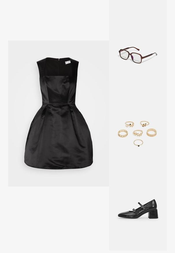Fekete selyemruha négyzet alakú dekoltárral, ujjatlan kialakítással, testre simuló felső résszel és bővülő szoknyával, hátul cipzárral záródik.; Fekete lakkbőr Mary Jane cipők, hegyes orral, két állítható pánttal és vastag blokk sarkúval. Sima textúrájú és fényes felületűek.; Barna, téglalap alakú szemüveg áttetsző lencsékkel és lila árnyalattal. Simító műanyag keret, egyenes szárakkal és diszkrét díszítésekkel.; Hat gyűrűből álló készlet arany színben, különböző mintákkal: fonott, levélmotívumokkal és sima karikák; néhány zöld drágakő díszítéssel.