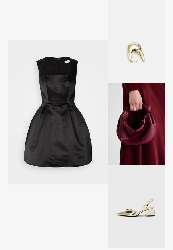 Černé saténové šaty se čtvercovým výstřihem, bez rukávů, přiléhavým trupem a rozšířenou sukní, s uzavíráním na zip na zadní straně.; Kovové zlaté pantofle na podpatku s špičatou špičkou a masivním podpatkem. Hladký povrch, minimalisticý design a úzký pásek.; Burgundská kožená kabelka s měkkým, nabíraným designem a zaobleným tvarem. Ucho je zajištěné a vykazuje hladkou texturu.; Náušnice ve zlatém tónu z kovu s elegantním zakřiveným designem. Vyznačují se jedinečným špičatým tvarem, lesklým povrchem a závěsem na kloub.