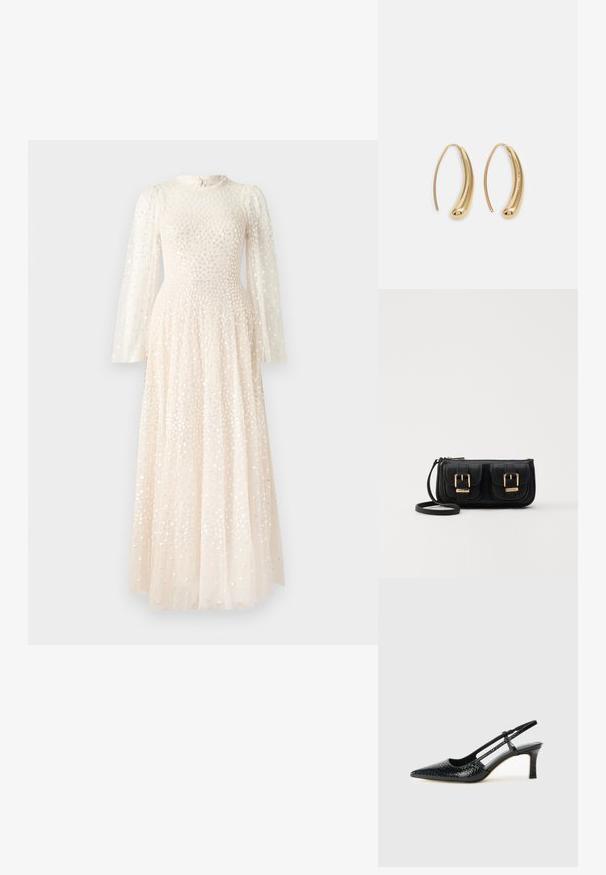 Needle & Thread SCATTER ROUND NECK GOWN - Pidulikud riided - off white; Mustmust paelad, millel on terav varvas, tekstuuriga maduprindiga, reguleeritav rihm ja lühike tekstuuriga plokknina.; Must küllastamata nahast õlakott, millel on kaks esist nähtavat taskut, kuldsed pandlad, tõmblukuga sulgemine ja peen rihm. Tekstuuriga pind ja kompaktne ristkülikukujuline kuju.; Kuldtoonilised metallist rõngas kõrvarõngad, millel on kõver ja piklik kuju. Omavad siledat, läikivat pinda ja ümarat tipptugevdust, mis lisab detaili.