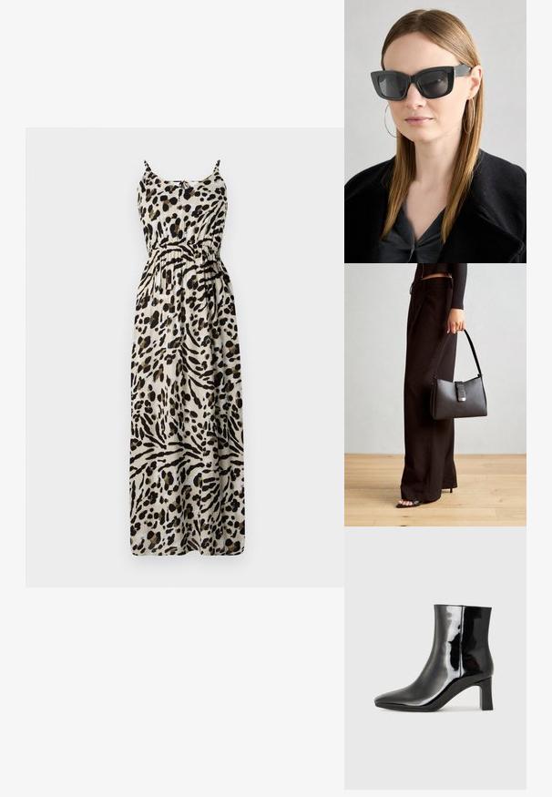 Vestido maxi com padrão de leopardo, alças finas ajustáveis, cintura ajustada, tecido fluído e fundo bege com padrões em preto e castanho.; Botim de tornozelo em pele sintética preta com bico apontado e salto bloco de altura média. Textura suave e design minimalista.; Óculos de sol pretos em formato de gato com lentes escuras, armações grossas e acentos subtis. Usados com um casaco preto e uma blusa cinza, apresentando cabelo longo e liso.; Bolsa preta com forma estruturada, textura suave e um fecho metálico. Combinada com calças largas pretas e sandálias de salto aberto sobre um chão de madeira.