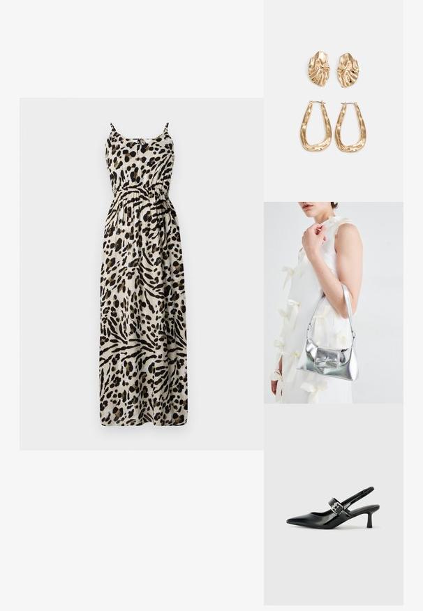 Maks haljina s leopard uzorkom, prilagodljivim trakama, strukiranim pojasom, lepršavom tkaninom, te bež pozadinom s crnim i smeškim uzorcima.; Crne lakirane slingback potpetice s oštrim prstom i malom blok petom, s naglaskom na srebrnoj kopči na remenu.; Srebrna metalik torbica sa strukturiranim oblikom, s gornjom drškom i detaljem mašne sprijeda. Glatka tekstura, reflektirajući finiš.; Naušnice zlatne boje s teksturiranim, valovitim oblicima. Uključuju skulpturalne kopče i dizajn otvorene kružnice s kovanom završnom obradom.