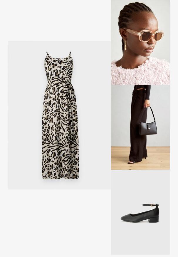 Sukienka maxi w panterkę z regulowanymi ramiączkami, z talią ściągniętą, zwiewnym materiałem oraz beżowym tłem w czarne i brązowe wzory.; Czarne skórzane szpilki z ostrym noskiem i niskim słupkowym obcasem. Wyposażone w pasek na kostkę z złotym zapięciem. Gładka tekstura.; Beżowe, oversize'owe okulary przeciwsłoneczne z przezroczystą oprawą i brązowymi soczewkami, z delikatnymi akcentami kwiatowymi oraz odważnym, geometrycznym wzornictwem.; Czarna torebka o usztywnionym kształcie, gładkiej fakturze i metalowym zapięciem. Połączona z szerokimi czarnymi spodniami i sandałami na otwartym palcu na drewnianej podłodze.