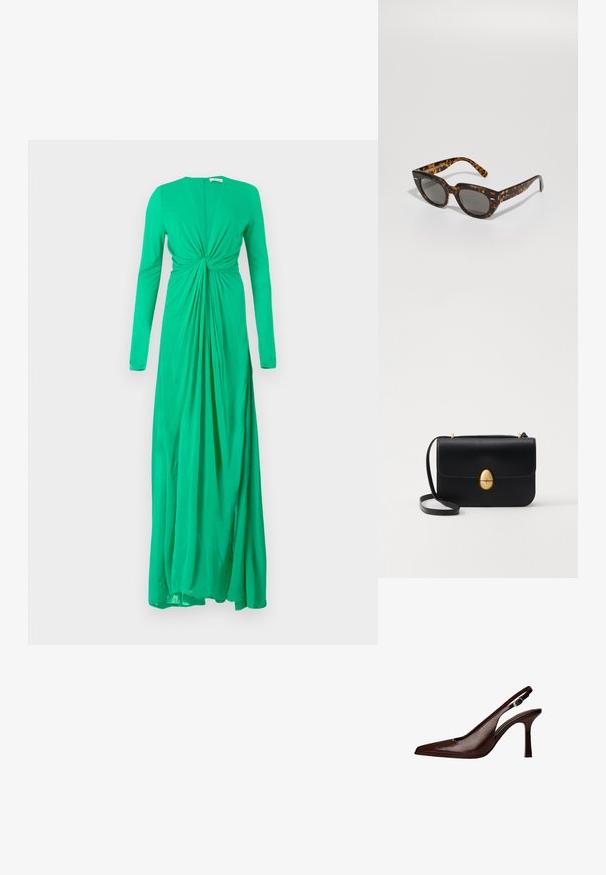 Zelené šaty s dlhými rukávmi a detailom so zberaním v páse, vyrobené z mäkkého materiálu, s hlbokým výstrihom a voľnou sukňou.; Hnedé kožené slingback lodičky s špicatou špičkou a tenkým podpätkom. Obsahujú malú ozdobnú pracku na remienku a lesklý povrch.; Žlté slnečné okuliare s uhlovými rámami a šedými sklami. Majú lesklý povrch a jemné logo na nožičkách.; Čierna kožená kabelka so štruktúrovaným obdĺžnikovým tvarom. Obsahuje zlaté oválne zapínanie a tenký ramenný popruh. Hladká textura.