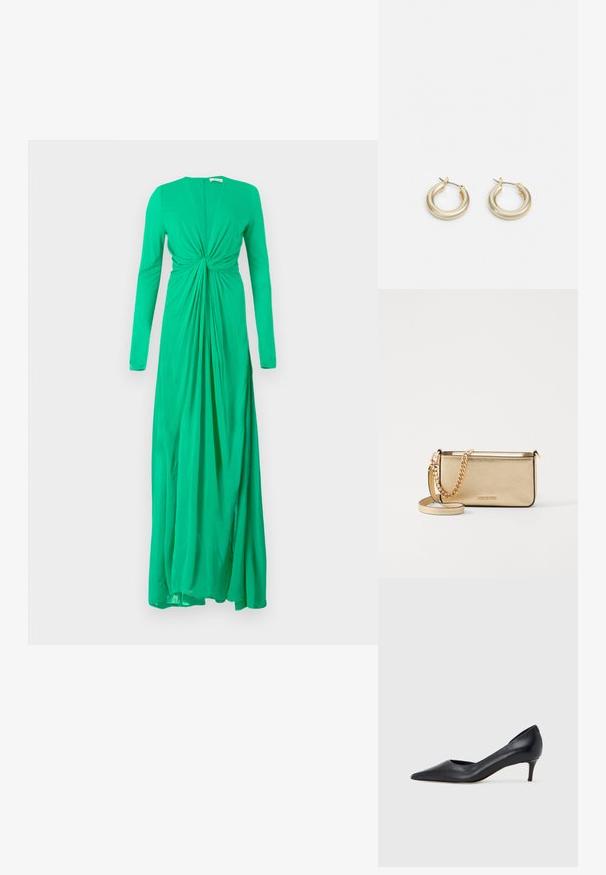 Zelené šaty s dlhými rukávmi a detailom so zberaním v páse, vyrobené z mäkkého materiálu, s hlbokým výstrihom a voľnou sukňou.; Čierny kožený lodička s špičatou špičkou a nízkym opätkom. Má hladkú textúru a jemný lesk. Vpredu je otvorený výrez pre zvýraznenie detailu.; Metalická zlatá kožená kabelka so štruktúrovaným povrchom, vybavená zlatým reťazovým popruhom a odnímateľným ramenným popruhom. S logom značky vytlačeným na povrchu.; Lauren Ralph Lauren BASIC SMALL HOOP - Náušnice - gold-coloured