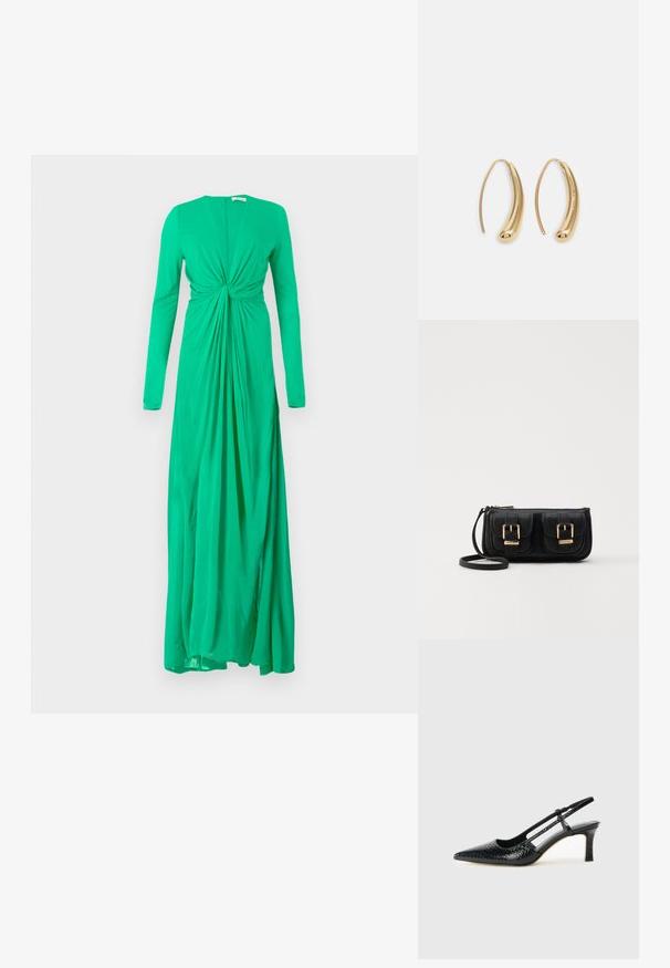 Zelené šaty s dlhými rukávmi a detailom so zberaním v páse, vyrobené z mäkkého materiálu, s hlbokým výstrihom a voľnou sukňou.; Čierne patentové slingback topánky na ihlovom podpätku s špicatou špičkou, s textúrovaným hadím vzorom, nastaviteľným popruhom a krátkym, textúrovaným blokovým podpätkom.; Čierna kožená crossbody taška s dvoma prednými vreckami, zlatými sponami, zipsovým uzatváraním a úzkym popruhom. Štruktúrovaný povrch a kompaktný obdĺžnikový tvar.; Náušnice vo forme zlatých kovových kruhov s zakriveným, predĺženým tvarom. Majú hladký, lesklý povrch a zaoblený koniec pre pridanie detailu.