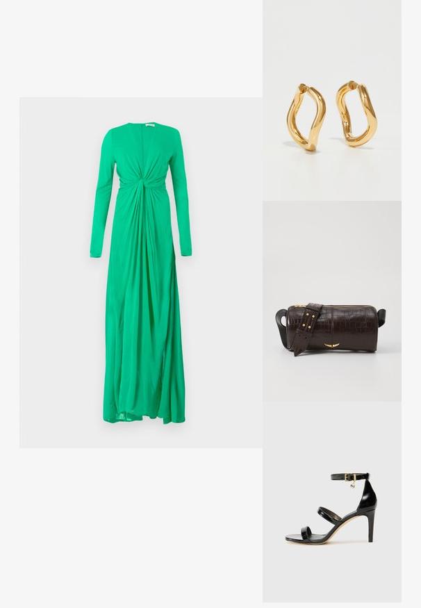 Zaļa kleita ar garām piedurknēm un savilktu jostas vietu, izgatavota no mīksta auduma, ar dziļu dekoltē un plūstošu svārku.; Melnas lakota ādas sandalēs ar trim siksnām, potītes sprādzi un 4 collu stiletto papēdi. Iespējas ar zelta detaļām un logotipa piekariņu.; Brūna krokodila ādas soma ar cilindrisku formu, zelta toni aparatūru un noņemamu siksnu ar studiem.; Zelta krāsas gredzenveida auskari ar izliekta, nepareiza formu un gludu, pulētu tekstūru. Nav redzamu detaļu vai akcentu.