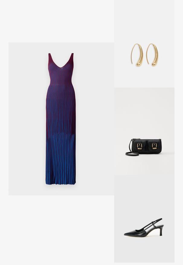 Dlhé, telo objímajúce šaty s hlbokým výstrihom do V, zdobené vertikálnymi pruhmi v gradientných odtieňoch bordovej a modrej farby, vyrobené z hladkej a elastickej tkaniny.; Čierne patentové slingback topánky na ihlovom podpätku s špicatou špičkou, s textúrovaným hadím vzorom, nastaviteľným popruhom a krátkym, textúrovaným blokovým podpätkom.; Čierna kožená crossbody taška s dvoma prednými vreckami, zlatými sponami, zipsovým uzatváraním a úzkym popruhom. Štruktúrovaný povrch a kompaktný obdĺžnikový tvar.; Náušnice vo forme zlatých kovových kruhov s zakriveným, predĺženým tvarom. Majú hladký, lesklý povrch a zaoblený koniec pre pridanie detailu.
