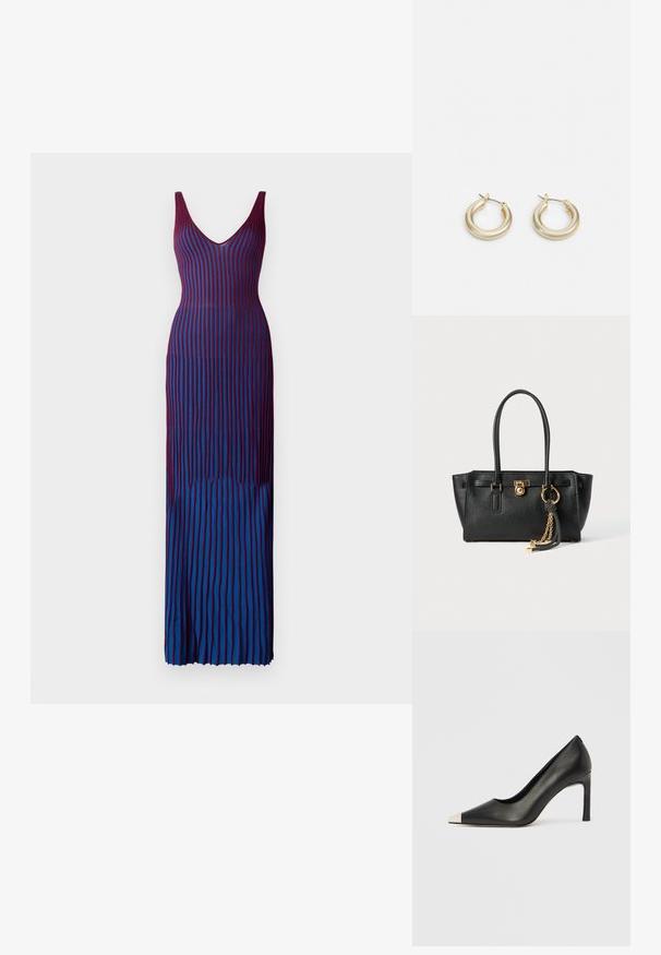 Pikk, kehaavad kleit sügava V-kaelusega, millel on vertikaalsed triibud marooni ja sinise gradientvarjundites, valmistatud siledast, venivast kangast.; Mustast nahast kõrge kontsaga king terava varba ja metallik hõbedase otsikuga. Iseloomustab sile viimistlus ja sihvakas 10 cm konts.; Must musta kott, millel on kahekordsed käepidemed, kuldne lukustus ja kett, ning must-valge tutikate aksessuaar valge tausta ees.; Lauren Ralph Lauren BASIC SMALL HOOP - Kõrvarõngad - gold-coloured