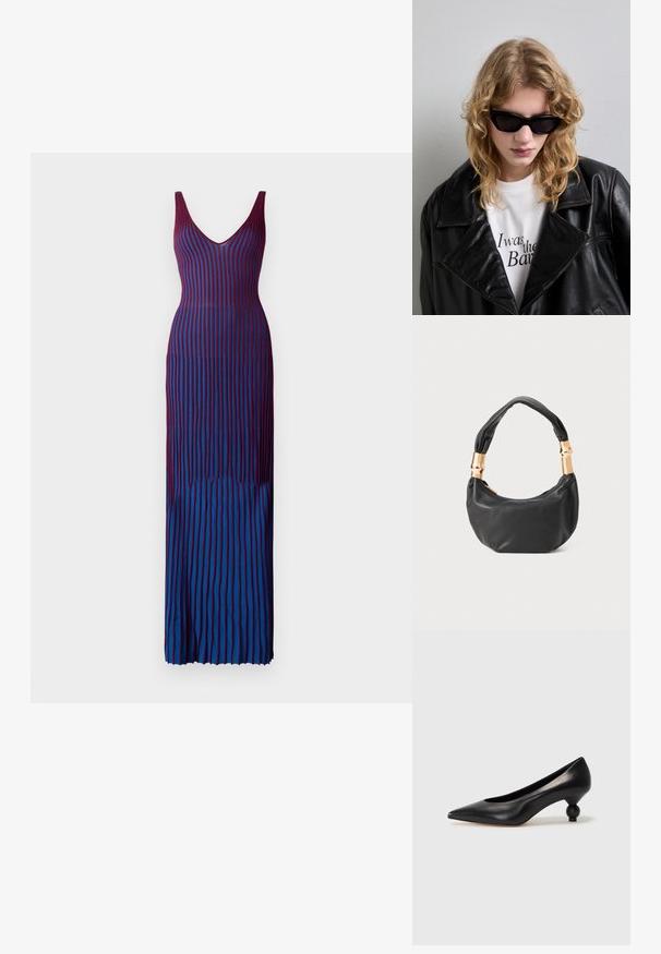 Robe longue moulante avec un décolleté en V profond, ornée de rayures verticales en dégradé de marron et de bleu, fabriquée à partir d'un tissu lisse et extensible.; Chaussure à talon haut en cuir noir avec un bout pointu et un talon arrondi. Texture lisse avec un design épuré et minimal.; Lunettes de soleil noires au design angulaire et épuré. Le mannequin porte une veste en cuir noire sur une chemise blanche avec du texte imprimé, sur fond neutre.; Sac à main en cuir noir de forme ronde, texture douce, et avec une anse nouée ornée d'accents en matériel doré. Fermeture éclair.