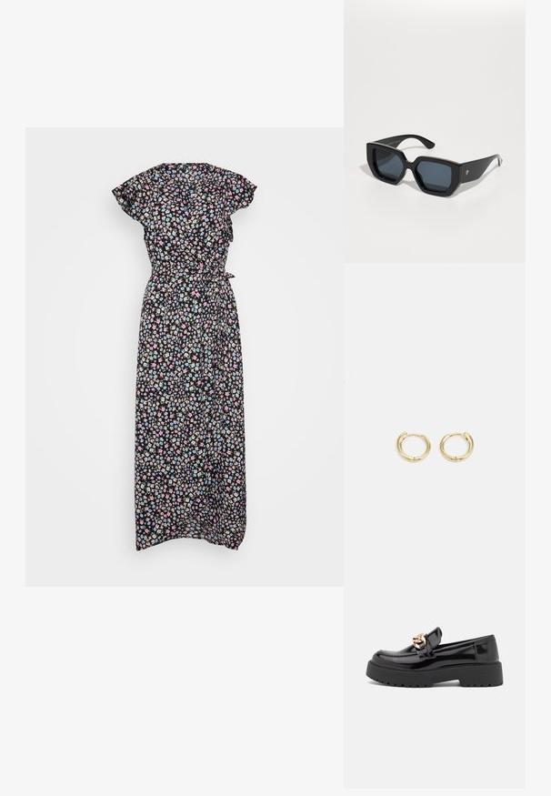 Kvetinové maxi šaty z čiernej látky s krátkymi splývavými rukávmi, zdobené multicolornými malými kvetmi a so šnurovaním v páse pre prispôsobiteľné nosenie.; Čierne lakované kožené mokasíny s masívnou čiernou podošvou a zlatými detailmi. Hladká textura a design so zaoblenou špičkou.; Čierne nadrozmerné slnečné okuliare s geometrickým vzorom, obdĺžnikové šošovky a lesklý povrch. Na prednej strane nie sú viditeľné žiadne značky.; Zlaté kruhové náušnice s hladkým, zaobleným dizajnom. Obsahujú malý uzáver s pántom, ľahký vzhľad a lesklý povrch.
