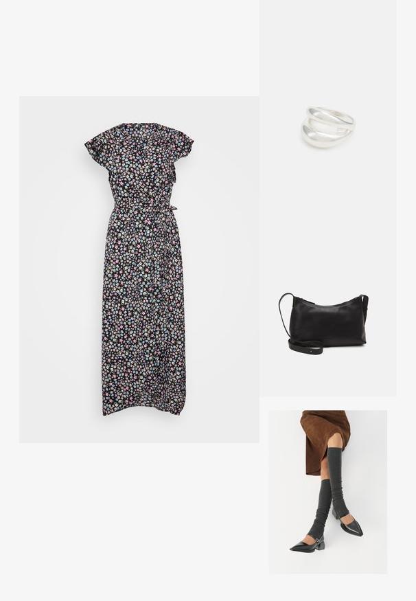 Lillelilledega must maxi kleit, millel on lühikesed lendlevad varrukad, ning see sisaldab mitmevärvilisi väikeseid lilli ja vöö, mis võimaldab reguleerida sobivust.; Mustad patsaline odav värviga kingad, millel on kreen ja pahkluuring, on paaritatud hallide ribakudumitega sääremiidega ja pruunist nahast seelikuga.; Mustmust nahk õlakotil on sile tekstuur, kumer kuju, reguleeritav rihm ja lukuga sulgemine. Minimalistlik disain ilma kaunistusteta.; Hõbedane kahekordne rõngas sujuva, poleeritud pinnaga. Omab voolavat, kõverat disaini, millel on kattuvad sektsioonid, et saavutada kaasaegne ilme.